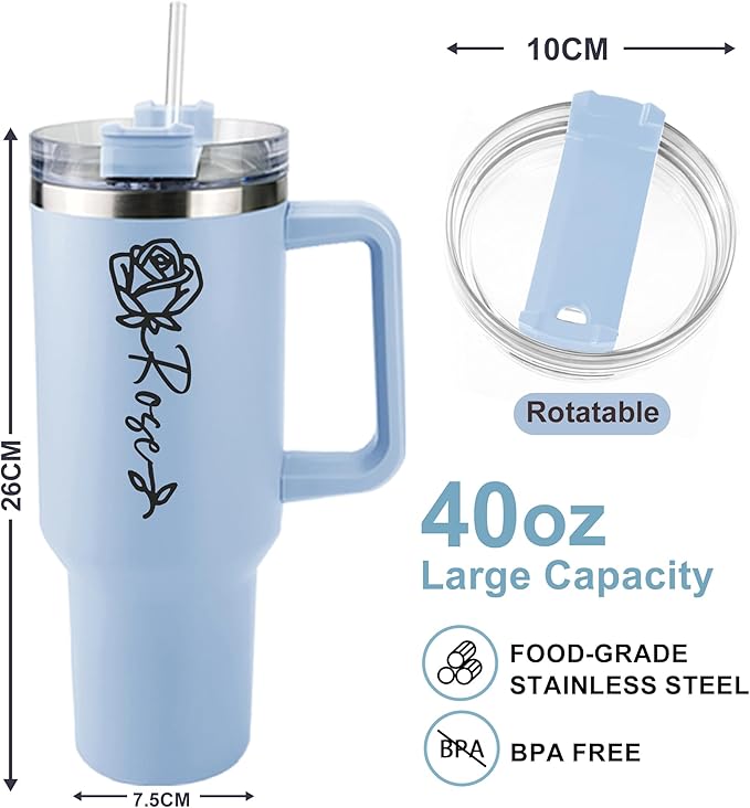 ThermoThrill Ships Next Day, Personalized 40 Oz Tumbler with Handle and Straw Custom Tumbler with Text Stainless Steel Mug Birthday Gifts for Women (3.Personalized with Birth Flower, 40OZ) - Bloomnest