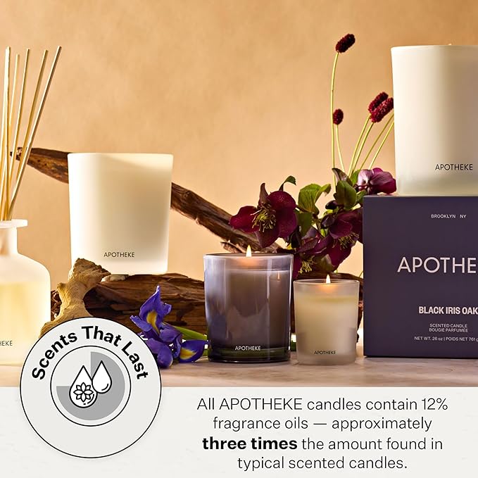 Apotheke Signature Scented Candles for Home, Black Iris Oak - 10.5 oz - Soy Wax, Non Toxic, Large Jar White - Luxury Candle Gifts for Women & Men - Black Pepper, Cinnamon, Musk, and Violet - Bloomnest