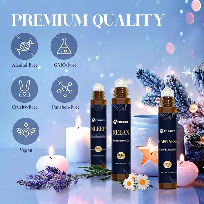 Essential Oil Roller Set, (Sleep, Relax, Happiness) Aromatherapy Roll On for Body Skin Care, Home - Natural Aromatherapy Gift, Relaxtion Gift, Stress Relief Gift for Women and Men - Bloomnest