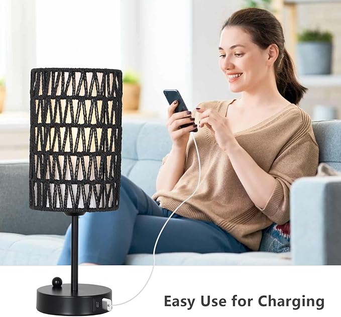 Black Bedside Lamps Set of 2, Touch Control Night Stand Lamp for Bedroom with Rattan & Linen Shade & Bulbs, 3 Way Dimmable Small Boho Table Lamps with USB Charging Port & Phone Stand - Bloomnest