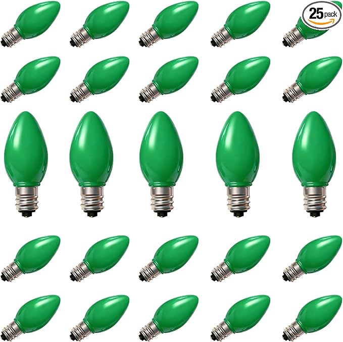 25 Pack C7 Replacement Christmas Light Bulbs, C7 LED Green Blubs for Christmas String Lights, E12 Candelabra Vintage Bulbs for Outdoor String Lights, Green - Bloomnest