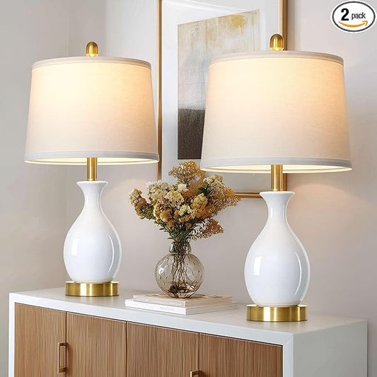 24" White Ceramic Table Lamps Set of 2 for Bedroom, Modern Classic Bedside Lamps for Nightstand, Small Table Lamp for Living Room Side Table (2 LED Bulbs Included) - Bloomnest