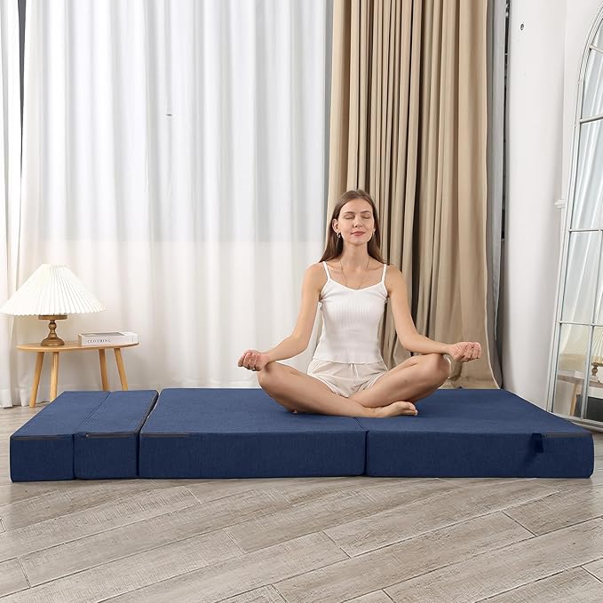Folding Sofa Bed, High-Density Memory Foam Sofa with a Fluffy Pillow, Floor Couch Guest Bed, Single Size, Navy - Bloomnest