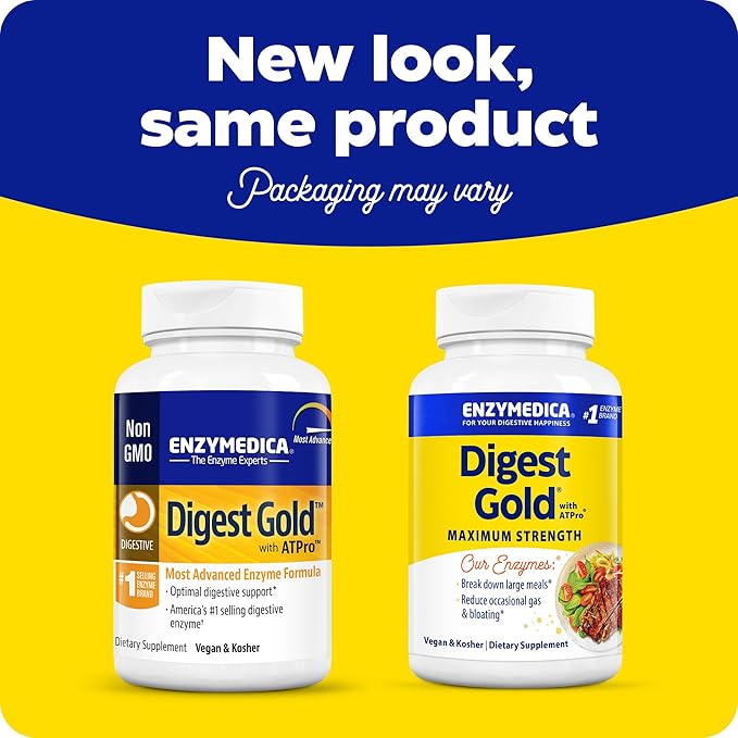 Enzymedica Digest Gold + ATPro, Maximum Strength Enzyme Formula, Prevents Bloating and Gas, 14 Key Enzymes Including Amylase, Protease, Lipase and Lactase, 180 Capsules - Bloomnest
