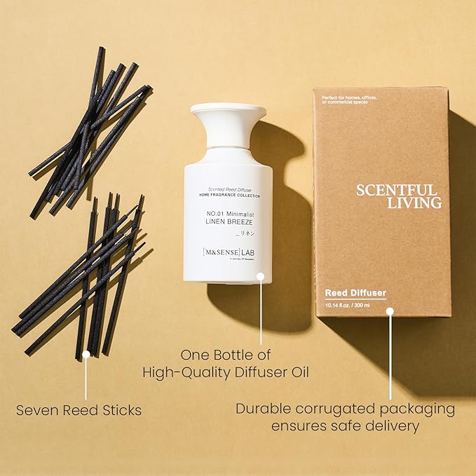 M&SENSE Reed Diffuser Set, 10.14 oz Non Toxic Reed Diffuser Linen Breeze Scented Home Fragrance Aromatherapy Diffuser for Bedroom Bathroom Office Home Decor Housewarming Gift