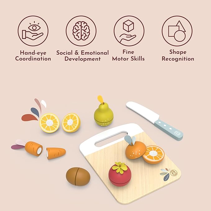 SPEEDY MONKEY Wooden Play Food Set for Toddler – Fruits & Vegetables Cutting Playset, FSC Certified Pretend Food Toy for Kids, Role Play Kitchen Set with Safe Cutting Board & Knife - Bloomnest