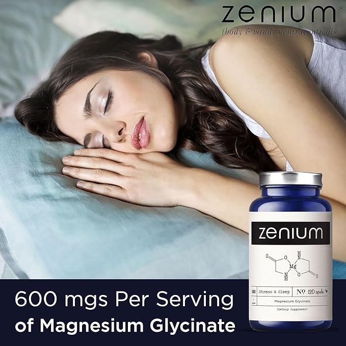 Zenium - Magnesium Glycinate for Sleep, Chelated, 600mg per Serving, 120 Capsules | High Absorption | Relieve Stress, Tension, Worry & Irritability | Calm Mind & Body | Ayurvedic | Natural Supplement - Bloomnest