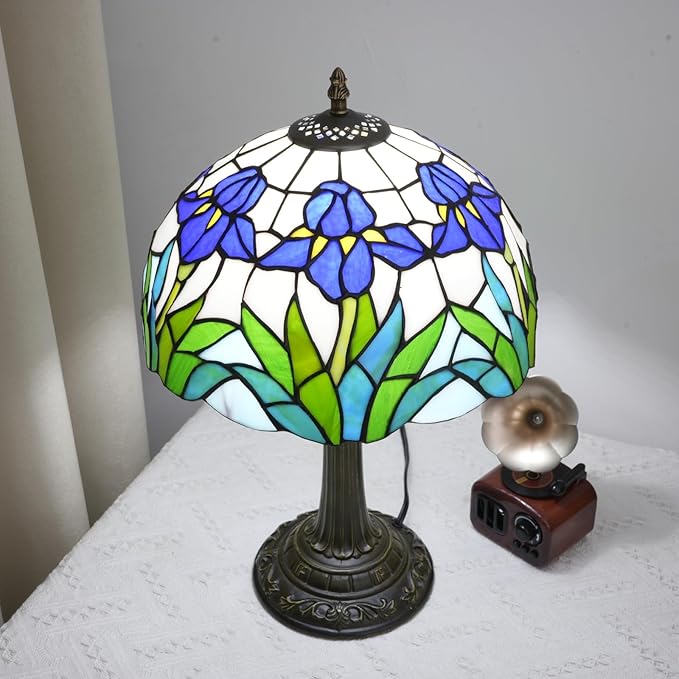 Tiffany Lamp Rural Style Green Blue Iris Flower Stained Glass Lamps Reading Bedside Bedroom Table Lamp Living Room end Kitchen Hotel Bar Home Small Space Decor Metal Base 12X19 Inche LED Vintage Lamp - Bloomnest