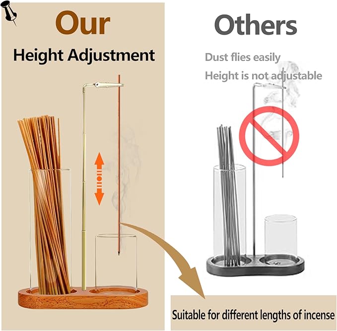 2 in 1 Incense Holder for Sticks(Height Adjustable), Anti-Ash Flying Insence-Sticks Burner with Glass Incense Holder Organizer for Meditation Yoga Spa Home Decor Sage (Golden Metal Rod) - Bloomnest