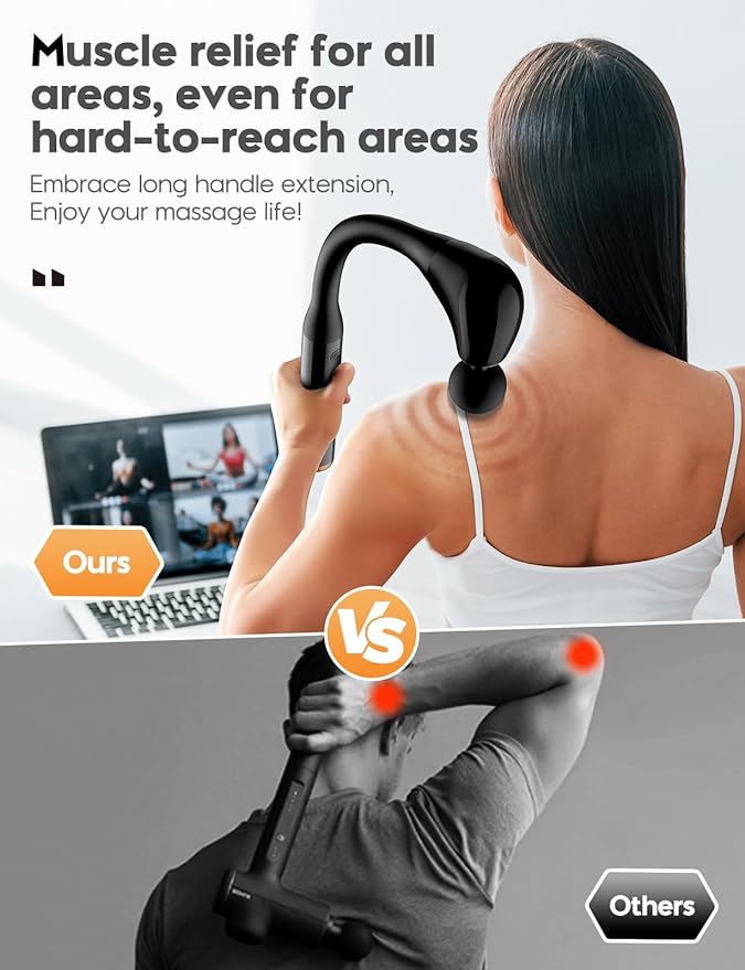 FVZ Massage Gun with Upgraded Extension Handle, 10MM Massage Gun Deep Tissue, Back Massager, Muscles/Neck/Shoulders/Waist/Legs Massager Portable for Pain Relief, 4 Massage Heads & 5 Speed Levels - Bloomnest