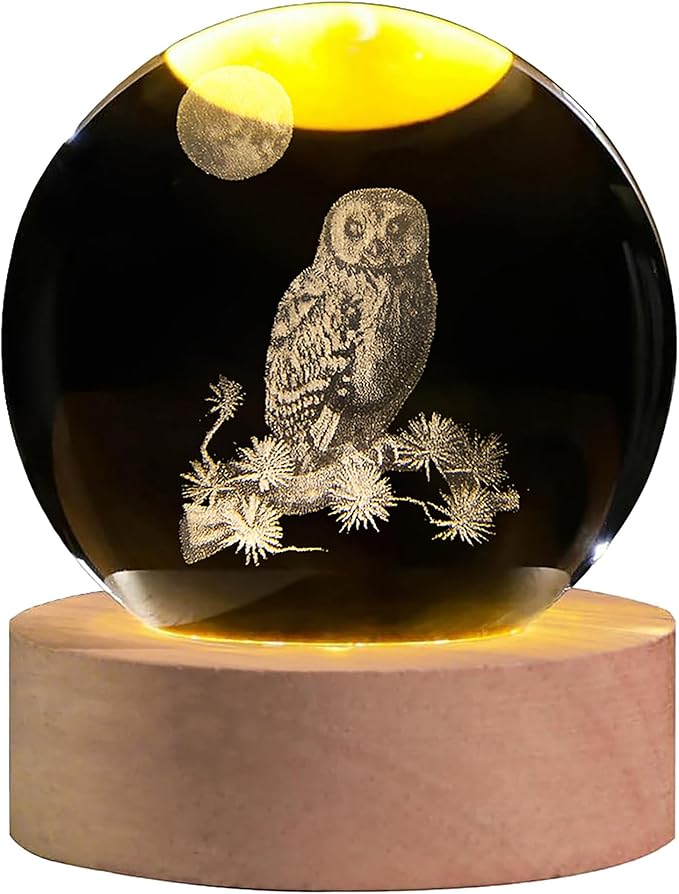 3D Laser Etched Owl Crystal Ball with LED Stand, Glass Owl Animal Figurine Lamp Night Light Gifts for Women Kids(2.4 in) - Bloomnest