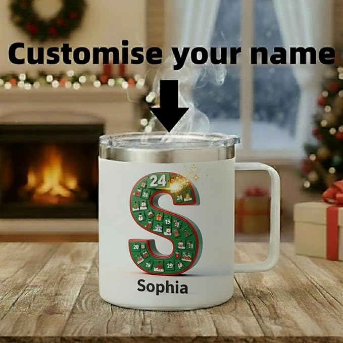 Personalized Christmas Advent Calendar Mug with Custom Name & Initial - 14oz Insulated Stainless Steel Tumbler with Handle & Lid - Unique Holiday Countdown Gift for Women, Men, Family (B62) - Bloomnest