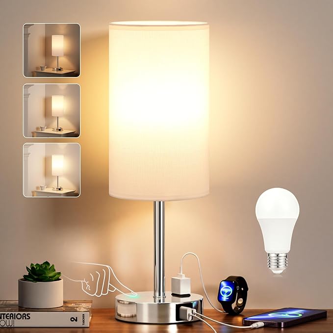 17.4Inch Bedside Touch Table Lamps for Bedroom - Tall Nightstand Lamp with USB-C USB-A Charging Ports White - 3 Way Dimmable Small Desk Lamp for Office, Dorm Room, Living Room, Reading - Bloomnest