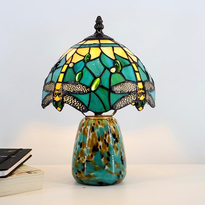 Tiffany Mushroom Table Lamp Dragonfly Style Blue Yellow Stained Glass Accent Lamp Brown Blue Glass Base 8X8X12 Inch - Bloomnest