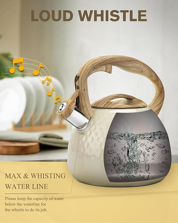 Tea Kettle Stovetop Teapot, 2.5 Quart Loud Whistle Food Grade Stainless Steel and Smooth Wood Pattern Handle, Sophisticated Look for Hiking, Picnic, for Tea, Coffee Milky White - Bloomnest