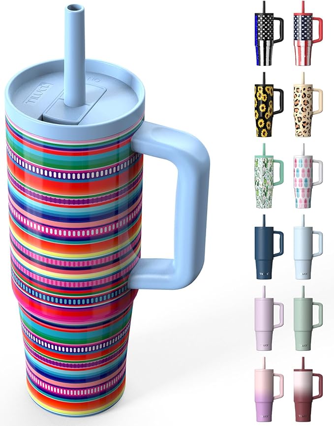 TILUCK 30 oz Tumbler with Handle, Vacuum Insulated Stainless Steel Travel Mug with 100% Leak-Proof Silicone Straw Lid, Cupholder Friendly Water Bottle(RainbowStripes, 30oz)