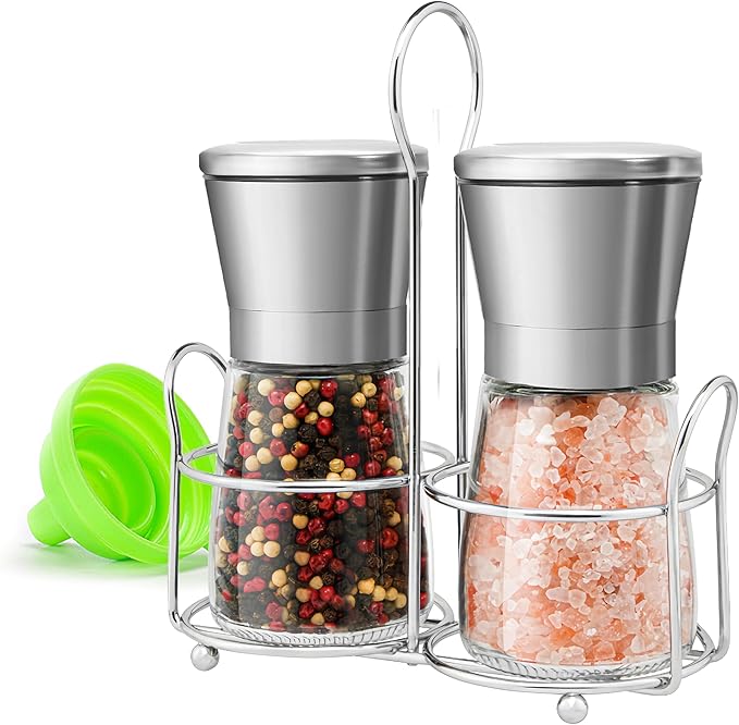 Stainless Steel Salt and Pepper Grinder Set - Short Glass Shaker, Pepper Mill & Salt Mill with Adjustable Coarseness, Refillable for Himalayan or Sea Salt, Black Peppercorn, with Bonus Stand - Bloomnest