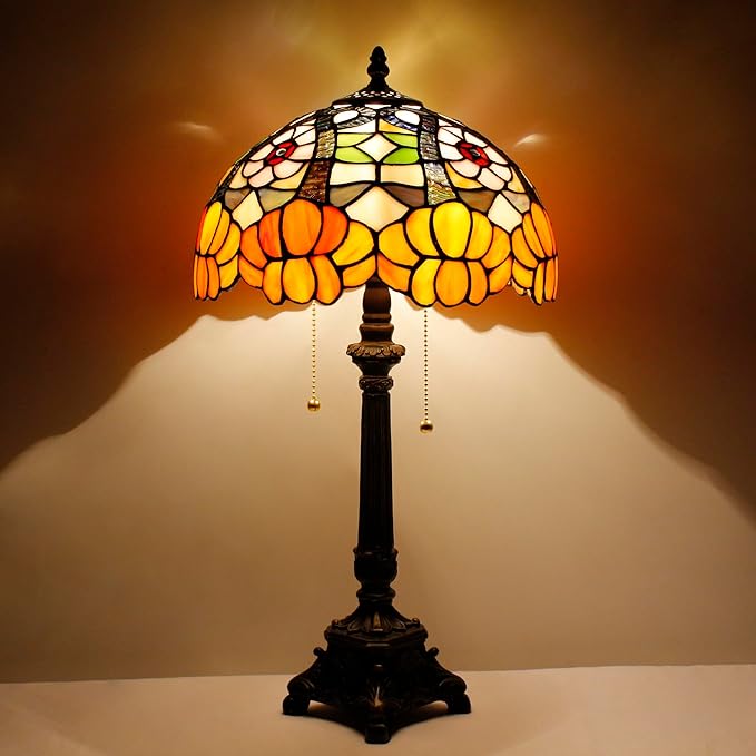 Tiffany Lamp Orange Flower Style Stained Glass Table Lamp Desk Reading Light 12X12X21 Inches with Resin Base Decor Bedroom Living Room - Bloomnest
