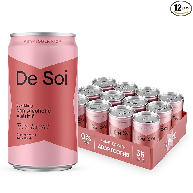De Soi Très Rosé 12-Pack – Sparkling Non-Alcoholic Rosé-Inspired Drink with Adaptogens, L-Theanine, Lion’s Mane & Reishi Mushroom, Elegant Mocktail & Alcohol Alternative - Bloomnest