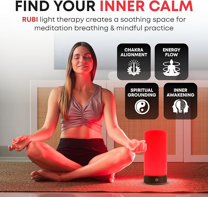 Rubi Red Light Therapy Lamp – 670nm Wavelength for Natural Sleep, Relaxation & Wellness | Adjustable Brightness for Bedroom Light | Elegant Glass & Wood Design | One-Touch Lamp Switch - Bloomnest
