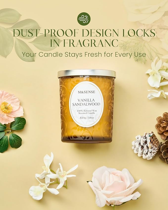 M&SENSE Vanilla Sandalwood Candle, Cracking Wooden Wick Soy Wax, 18oz 100 Hours Long Lasting Clean Burn, Large Jar Candles for Home Scented, Non-Toxic Relaxing Aromatherapy Gifts for Women - Bloomnest