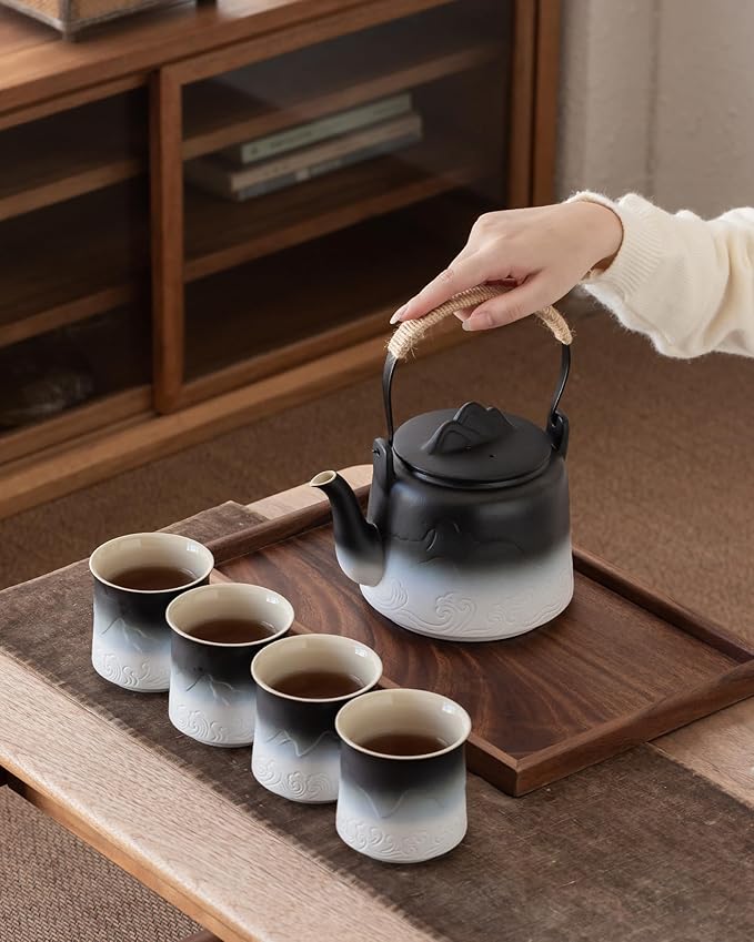 ZENS Vintage Japanese Tea Set, 33.8 oz Gradient Embossed Ceramic Japanese Teapot with Built-in Strainer for Tea Steeper, Hemp Rope Handle Loose Leaf Tea Pot with 4 Cups for Tea Party, Black & White - Bloomnest