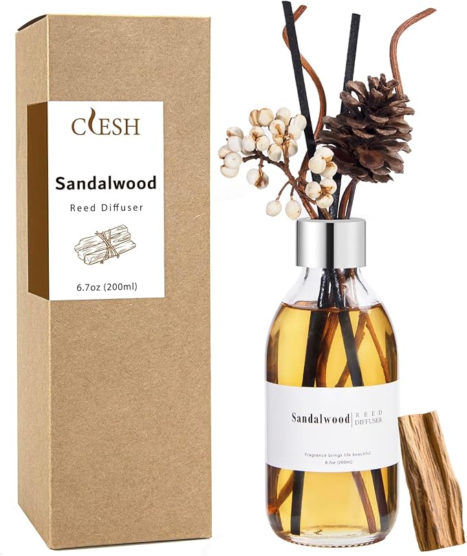 Clesh Reed Diffuser Set, 6.7 oz Sandalwood Scented Diffuser with Sticks, Home Fragrance Reed Diffuser for Bathroom Shelf Decor - Bloomnest