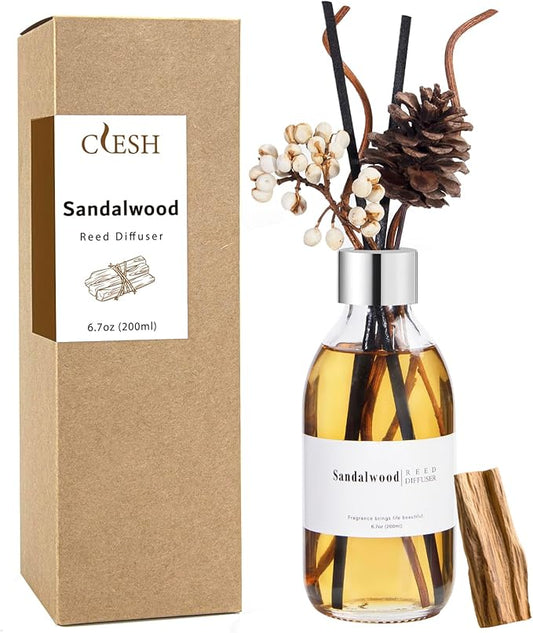 Clesh Reed Diffuser Set, 6.7 oz Sandalwood Scented Diffuser with Sticks, Home Fragrance Reed Diffuser for Bathroom Shelf Decor - Bloomnest