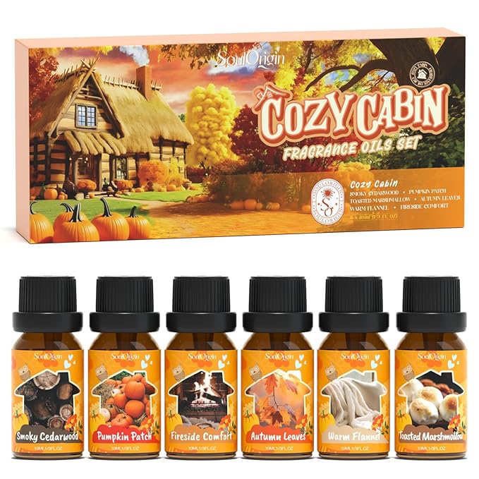 Fall Cozy Cabin Fragrance Oils Set, Essential Oil for Diffuser, Use for Soap Candle Making-Smoky Cedar Wood, Roasted Marshmallows, Autumn Leaves, Warm Flannel, Fireplace Time, Pumpkin Patch - Bloomnest