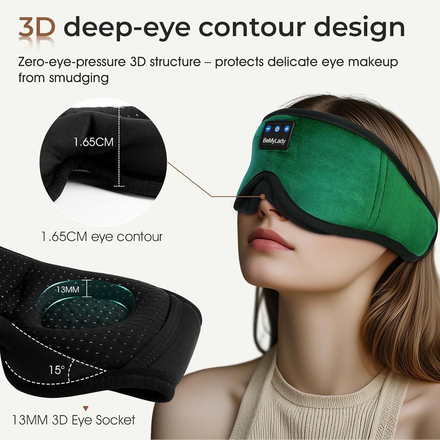 Sleep mask Headphones,100% Blackout 3D Zero Eye Pressure Bluetooth Sleep mask Breathable Eye mask with Bluetooth Headphones Sleep Headphones for Side Sleepers 14H Playtime&Bluetooth 5.4 Green