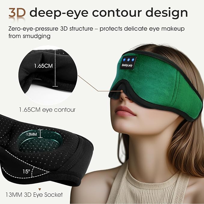 Sleep mask Headphones,100% Blackout 3D Zero Eye Pressure Bluetooth Sleep mask Breathable Eye mask with Bluetooth Headphones Sleep Headphones for Side Sleepers 14H Playtime&Bluetooth 5.4 Green - Bloomnest