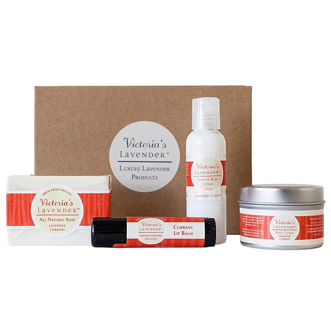 Victoria's Lavender Natural Body Products Gift Set - Handmade Soap, Hand & Body Lotion, Lip Balm, Body Candle Skin Care Set & Kit, Made in USA Lavender Bath & Body Products for Women, Lavender Currant - Bloomnest