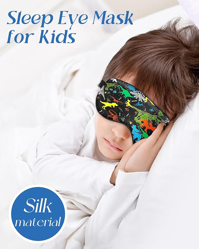 Sleep Mask for Kids - Silk Eye Mask for Sleeping Cute Cartoon Kids Sleep Mask for Boys Girls Teens Soft Smooth Adjustable Straps Silk Kids Eye Cover, Black Dinosaur - Bloomnest