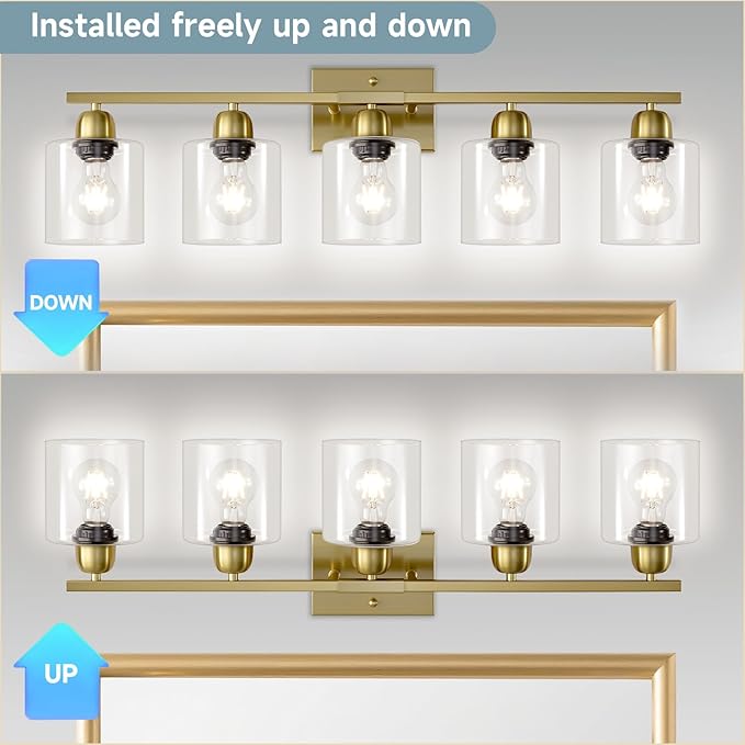 Modern Brushed Gold 5 Light Bathroom Vanity Light,31 inch Vanity Lights for Bathroom with Clear Glass for Mirror Kitchen Living Room Hallway Cabinet Porch - Bloomnest