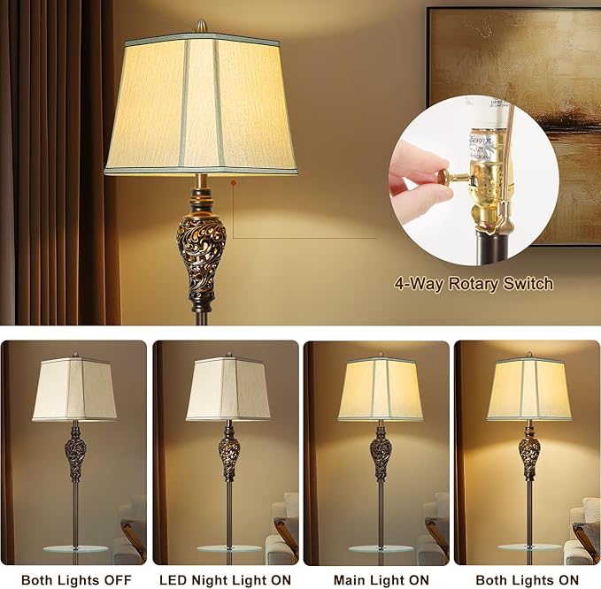 Rustic Floor Lamp for Living Room with Nightlight and Glass Tray, Vintage Standing Lamp with Beige Faux Silk Shade, Farmhouse Tall Lamp for Bedroom Study Home Office Hotel Bar - Brown (Bulb Included) - Bloomnest