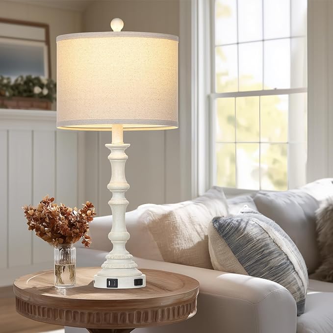 27.5" White Tall Lamp for Living Room, Vintage Farmhouse Table Lamps Set of 2 with USB C+A Ports & AC Outlet, 3-Way Touch Control Bedside Lamps, Rustic Bedroom Lamp for Nightstand Side Table - Bloomnest