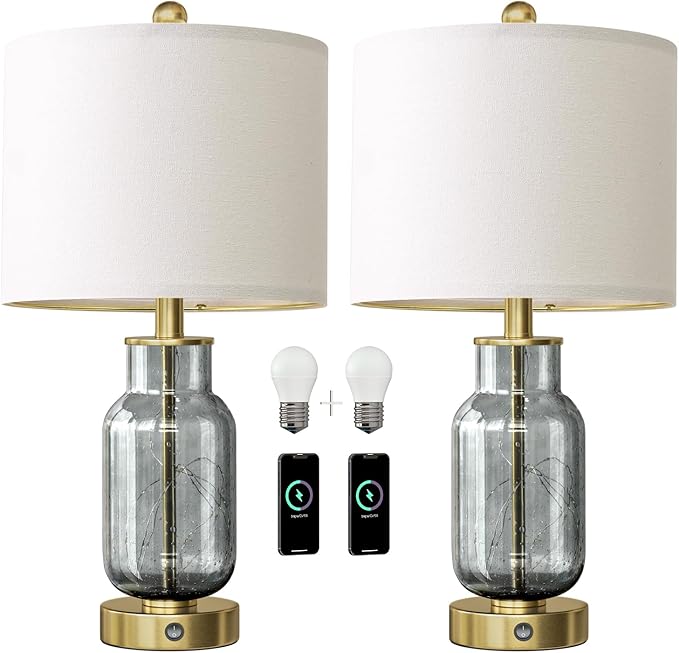 Oneach 22" Glass Table Lamps Set of 2, Gray Modern Bedside Lamp with LED Night Light for Living Room, Nightstand Lamp with USB Ports for Bedrooms, Study Room, End Table(2 Bulbs Included) - Bloomnest