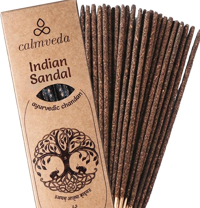 Ayurvedic Sandalwood Incense Sticks Natural - for Meditation Incense (24+ Smudge Sticks, 9 Inches) Thick Resin Natural Incense with Indian Sandalwood | Auspicious Spiritual Incense for Calming Self CalmvedaIncenseAromatherapy