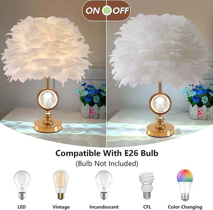 Chic White Feather Lamp Decoration Fluffy Table Lamp Creative Princess Goose Feather Desk Lamp Teen Girl Wedding Bedroom Romantic Bedside Nightstanding Light - Bloomnest