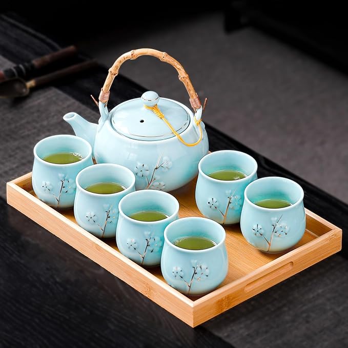 Japanese Tea Set with 1 Teapot(23 oz/660ml), 6 Tea cups(5.3 oz/150ml), 1 Tea Tray, 1 Stainless Infuser, Golden plum blossom relief,Chinese gungFu tea set (Golden plum-Blue) - Bloomnest