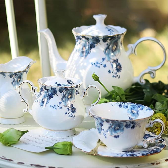 21-Piece Bone China Tea Set for Adults, Blue and White Porcelain Tea Set for 6, Vintage Floral Tea Cup Set With Teapot, Tea Party Sets for Women Gift，Gift Box - Bloomnest