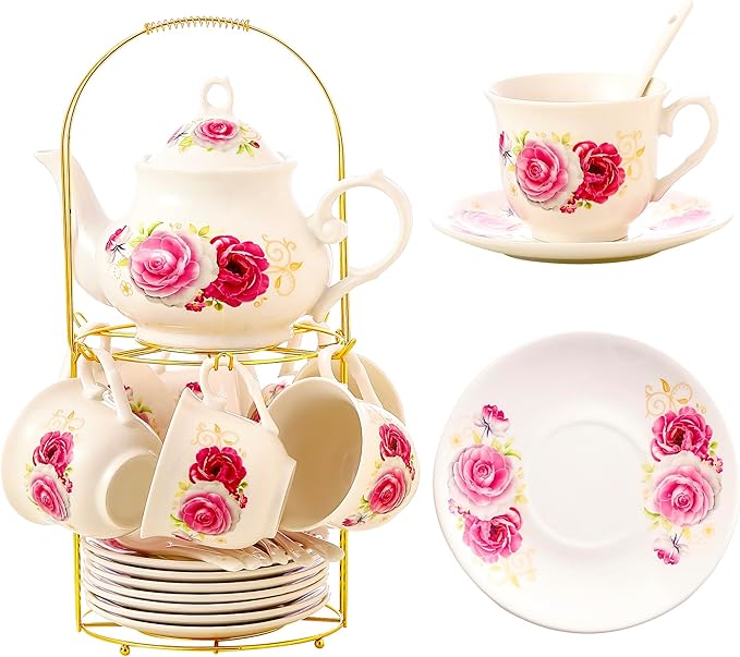 20-Pieces Porcelain Tea Sets For Women, Tea Set For Adult with Golden Metal Rack,Tea Gift Sets for Home&Party(014) - Bloomnest