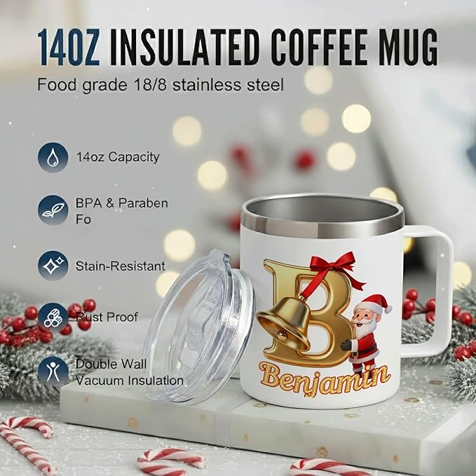 Personalized Christmas Mug | Custom Golden Bell Initial Insulated Coffee Cup with Handle & Lid | 12oz Holiday Tumbler, Cute Santa Gift for Kids & Family (B33) - Bloomnest