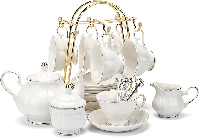 CHENP.HMC Tea Set 22-Piece Porcelain Ceramic Coffee Tea Gift Sets Cups Saucer Service for 6 Teapot Sugar Bowl Creamer Pitcher and Teaspoons (WHITE3) - Bloomnest