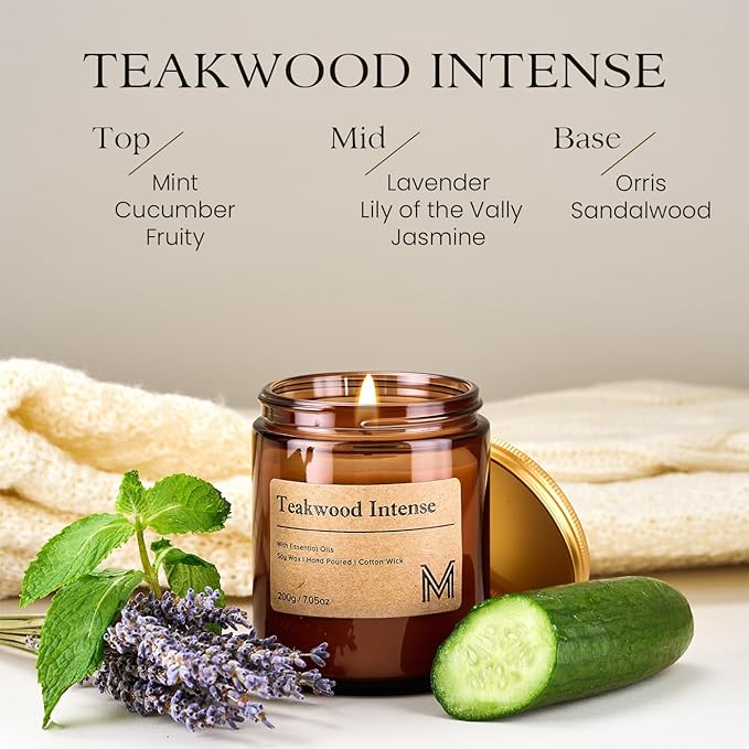 M&SENSE Teakwood Intense Candles for Home Scented Aromatherapy Candle Gift Set for Women and Men,7.05oz Soy Wax Long Lasting Amber Jar Candles Gift for Birthday Housewarming Mother's Valentine Day - Bloomnest