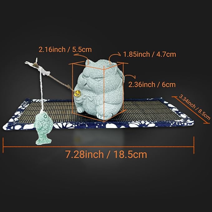 Exquisite Sandstone Warrior Cat Incense Holder (2.16”*2.36”) with Free Fishing Rod and Fish, Plus Bamboo Mat Cushion (7.28”*3.34”) (Sandstone Cat) - Bloomnest