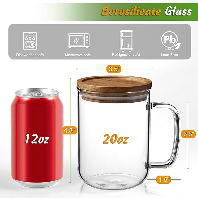 DRASTAR Glass Coffee Mugs, 20 oz Large Iced Coffee Cups, Flat Bottomed Cups with Acacia Wood Lid, Glass Tea Cup with Handle, Clear Tea Cup Set of 1 - Bloomnest