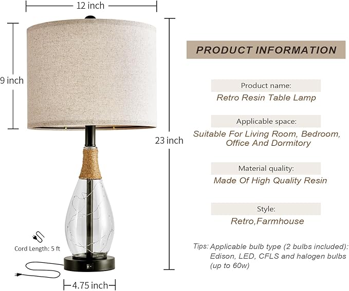 OYEARS 23" Table Lamps for Living Room Set of 2 Bedside Lamps for Night Stands Bedroom Lamps Farmhouse Rattan Boho Lamp Glass Nightlight End Table Lamp with USB C+A (Black),Two Light Points - Bloomnest
