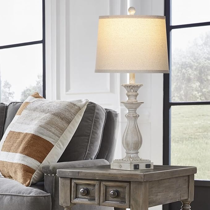 28" Farmhouse Table Lamps for Living Room Set of 2, 3-Way Dimmable Touch Bedside Lamps with USB C+A Ports & AC Outlet, Resin Vintage Tall Nightstand Lamps for Bedroom Office End Table, Grey - Bloomnest