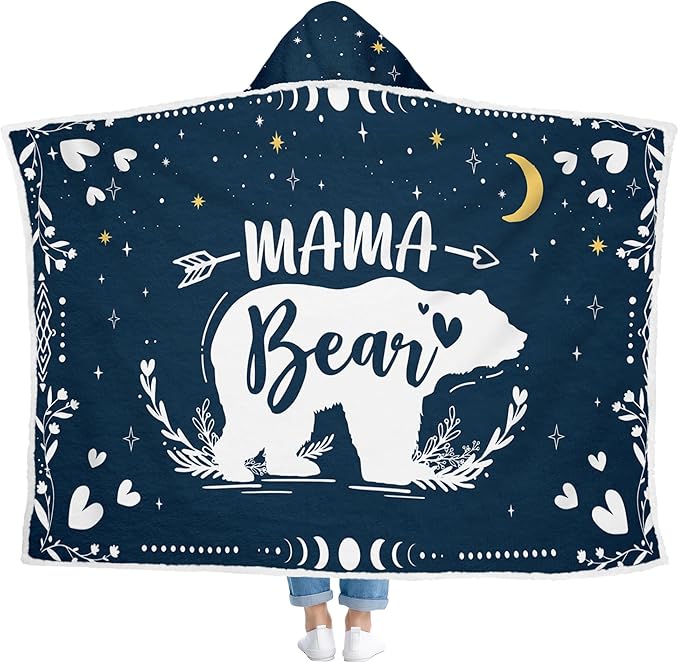 GEEMBI Birthday Gifts for Mom - Mama Bear Blue Blanket Hoodie 47x72 in - Mom Birthday Gifts from Daughter Son Husband, Mama Gift Ideas, Gift for Mother Grandma Wife, Hoodie Blanket for Women - Bloomnest
